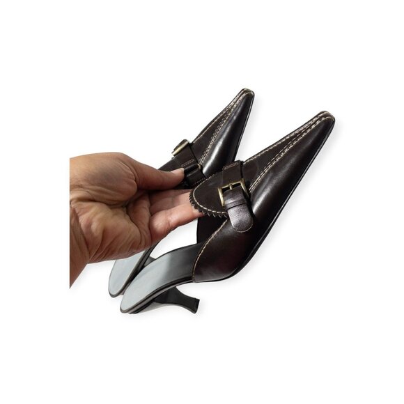 BCBGirls Brown Pointed Toe Kitten Heel Loafer Mules With Buckle Detail SZ 7.5 - Picture 7 of 14